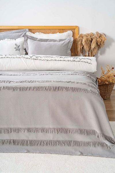 Rivaİstanbul Brianna Gray Double Duvet Cover Bedspread 100% Cotton - 7 Piece Dowry Set