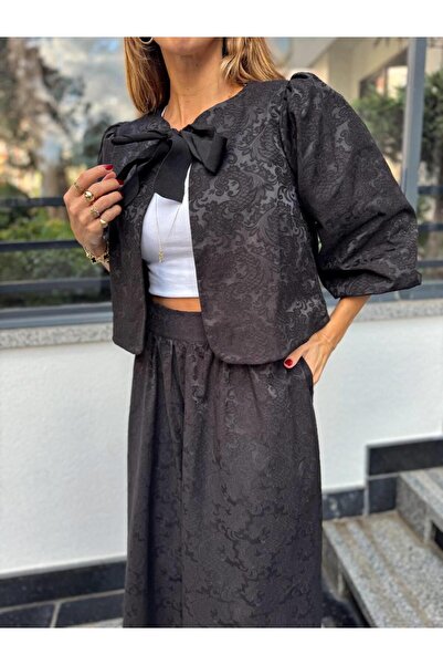 Maldia Shop Black Front Tie Watermelon Sleeve Jacket Black Skirt Set