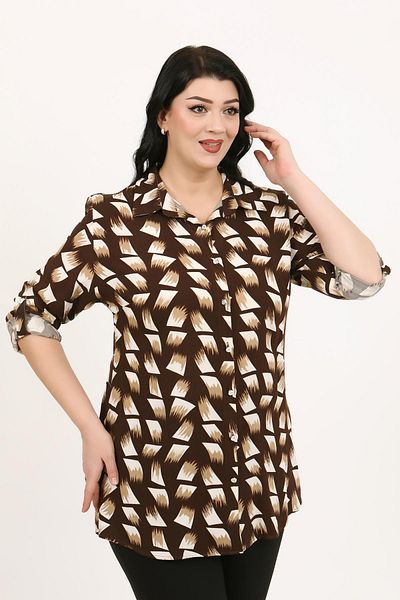 By Alba Collection Дамска кафява риза от памук и вискоза, големи размери
