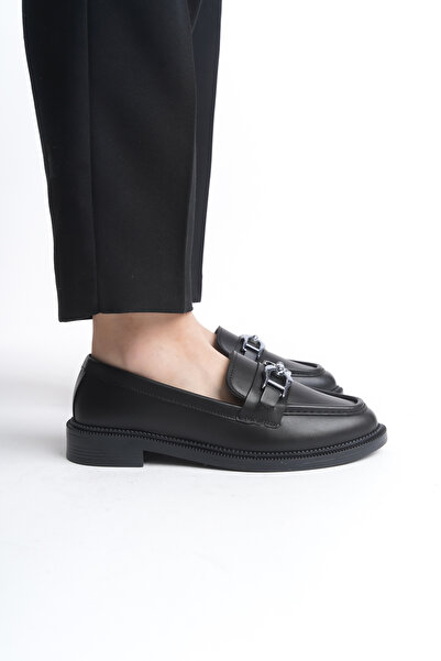 Taha Türk Kadın Siyah Loafer Gümüş Toka Detaylı Maskülen Kadın Ayakkabısı Casual Günlük Şık ve Rahat Ayakkabı