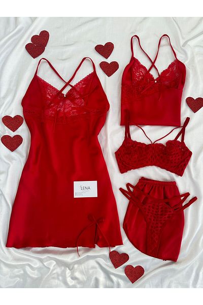 Lena Homewears Women's 5-Piece Satin Slit Nightgown Bra Shorts Dowry Set