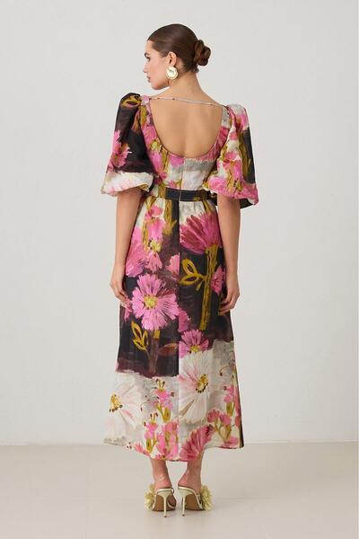 Setre Rochie cu imprimeu cu guler și mâneci negru-fucsia, cu talie