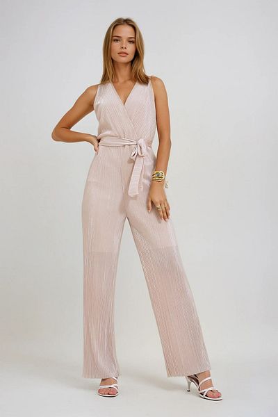 VAGGON Women's Light Beige Double Breasted Belted Chest Jumpsuit Prmx12193