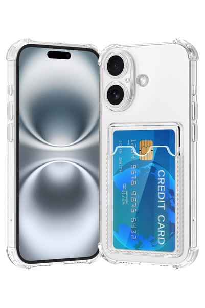 Caseji Iphone 16 plus compatible transparent case with bulging corners and card holder