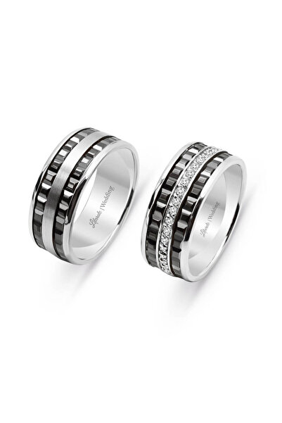 Lilarote Pırlanta Kare Desenli Çift Alyans 14 Ayar