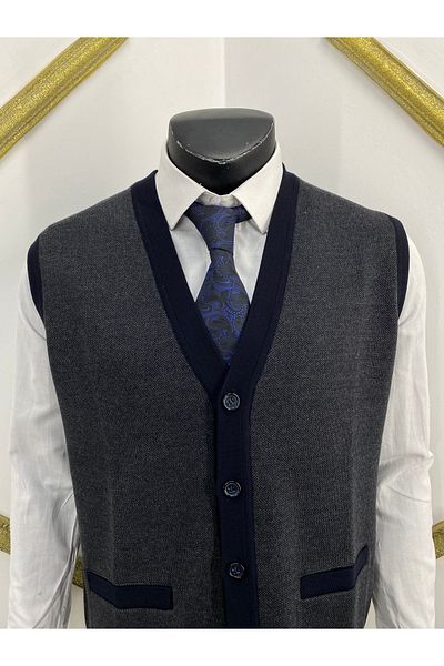 Sadık Collection Мъжки вълнен елек без ръкави с V-образно деколте и джобове Ateş Knitwear 492