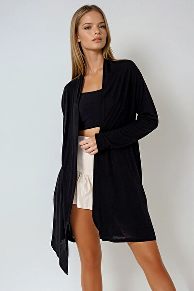 VAGGON Women's Black Shawl Collar Viscon Cardigan