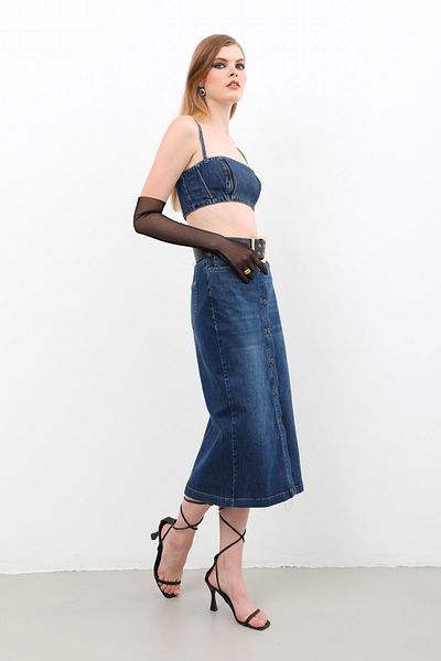 Bluewhite Fusta lungă din denim cu talie înaltă, cu nasturi în față