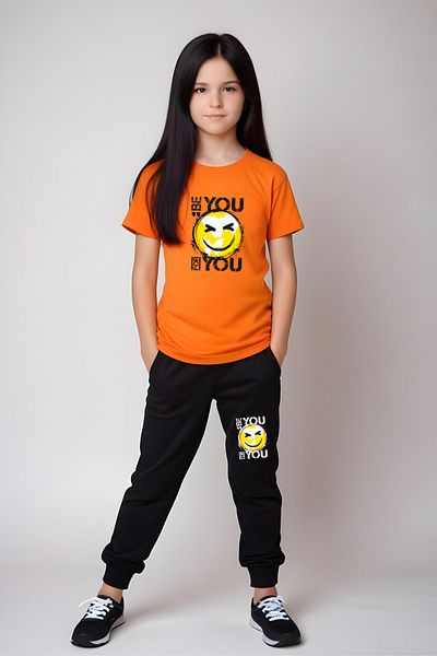 panios kids Be You Emoji Printed Girls' T-Shirt and Sweatpants Set