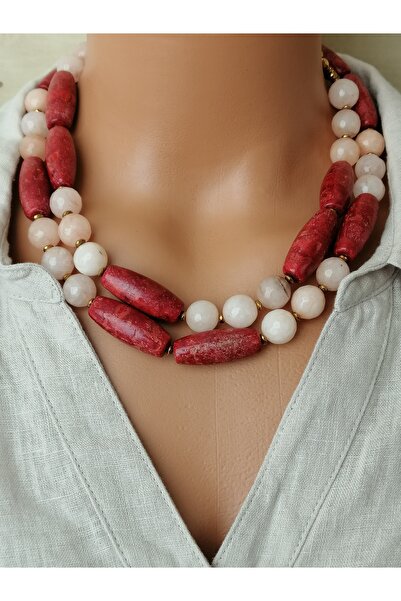 LemaStone قلادة طويلة من الحجر الطبيعي المرجاني والحجر الشمسي