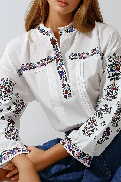 VAGGON Women's White Judge Collar Button Detailed Ribbed Embroidered Woven Blouse Prmx11927