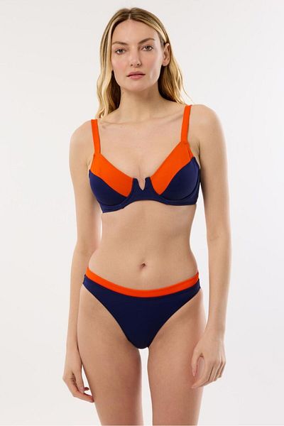 AYYILDIZ 4515 Navy Blue Orange Cupless Gathering Bikini Set