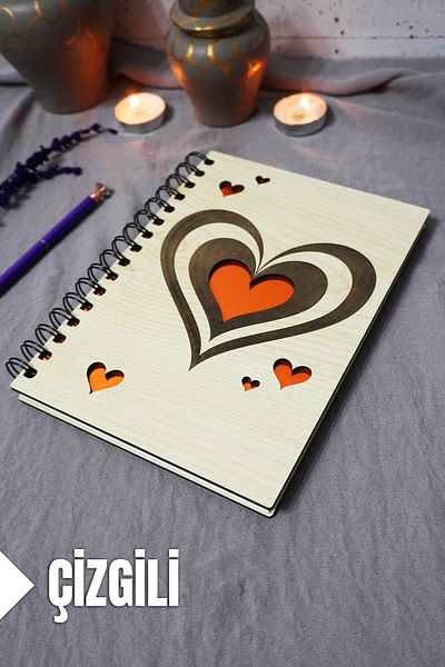 markcat Agenda School Notebook with Line Notebook in 120 Sheets with Heart Motif Wooden Cover (A5)