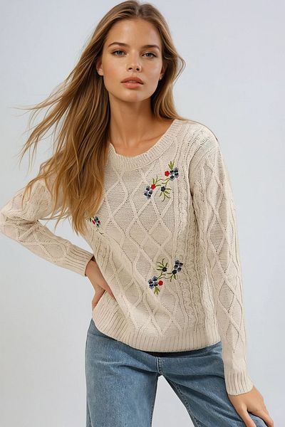VAGGON Pulover de iarnă cu broderie cu gât bej pentru femei Prmx7352