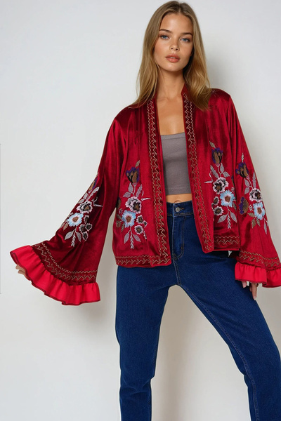 VAGGON Women's Red Velvet Embroidered Carmen Jacket Prmx13359