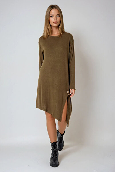 VAGGON Women's Khaki Asymmetrical Cut Button Detail Viscon Dress Prmx4860