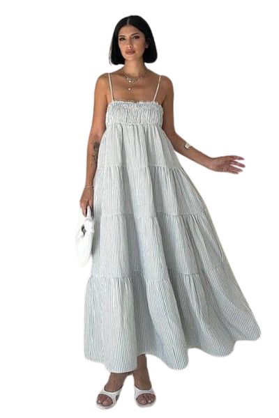 Moda Amore Rochie de vară din in - Rochie de damă cu dungi cu bretele și detalii Gipe 4201