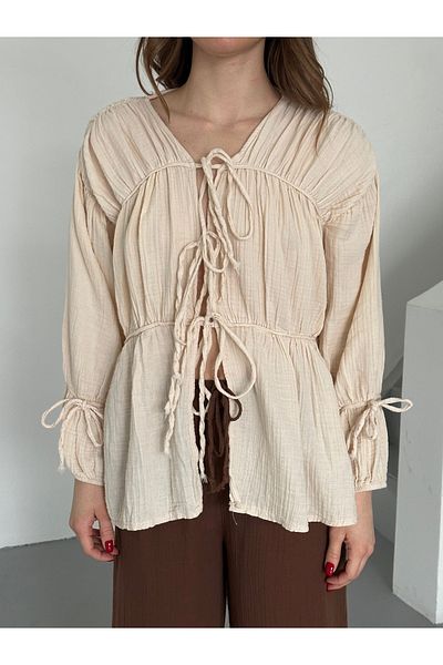 Laluvia Natürliches Musselinhemd aus 100 % Baumwolle mit elastischen Ärmeln – 5259