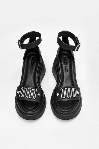 NILUFARR Black Genuine Leather - Women's Heeled Sandals with Silver Accessories