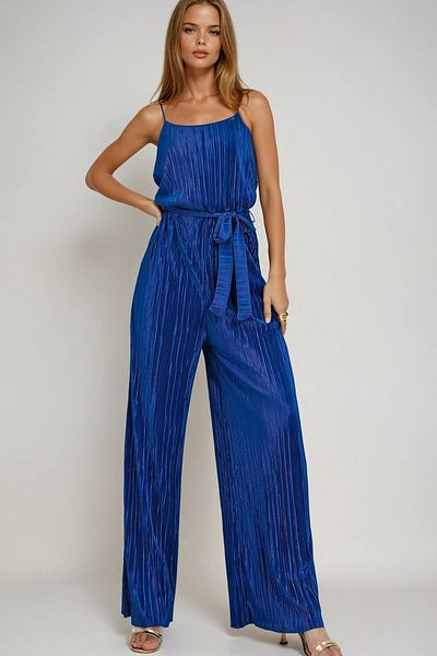 VAGGON Navy Blue Straps Pleated Jumpsuit with Belt and Sash