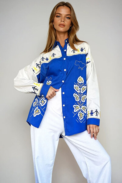 VAGGON Жіноча сорочка оверсайз з синім вишиванням Prmx11166