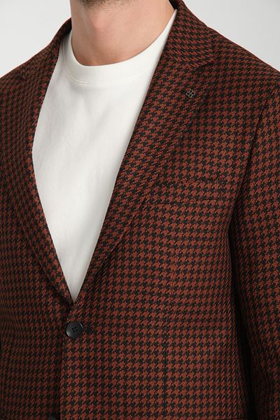 Frappoli Ανδρικό παλτό Parcessi σε καφέ μοτίβο Houndstooth Slim Fit Slim Fit που δεν ελαστεί από ύφασμα