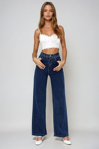 VAGGON Pantaloni Palazzo Jean pentru femei, albastru închis, cu talie înaltă, cu picioare largi, Prmx13405