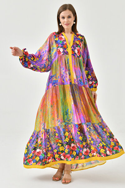 lovebox Magnifying Collar and Button Floral Print Midi Dress - Balloon Sleeve, Wide Flared 3412