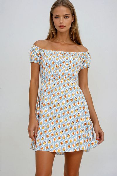 VAGGON Blue-Orange Madonna Collar Watermelon Sleeves Patterned Crinkle Knitted Women's Dress Prmx10516