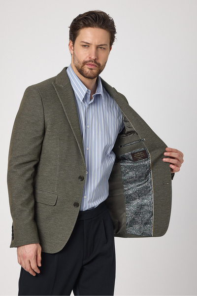 Frappoli Müller Svr Ανδρικό Χακί Μυτερό Γιακά Βαμβακερό Μικτό Πανί Lycra Blazer Jacket