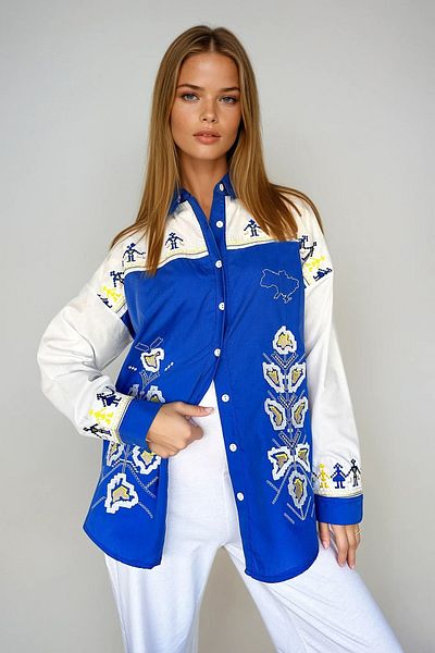 VAGGON Cămașă oversize din popelin brodat albastru pentru femei Prmx11166
