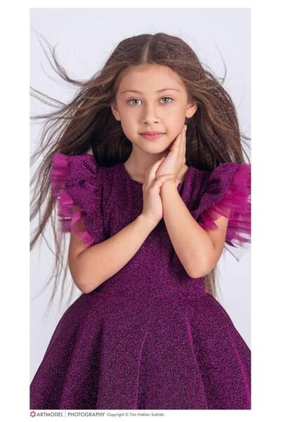 RAPAPA Kız Çocuk Özel Gün Simli Şanzelize Kız Çocuk Abiye Elbise Mor