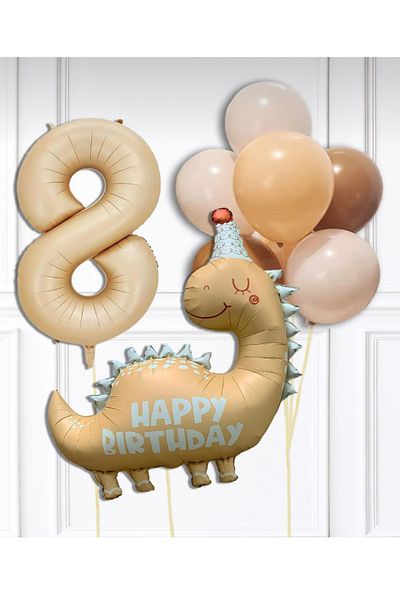 Çemrek Süs Parti Cream Dinosaur and Number Foil Balloon Set 12 Pieces
