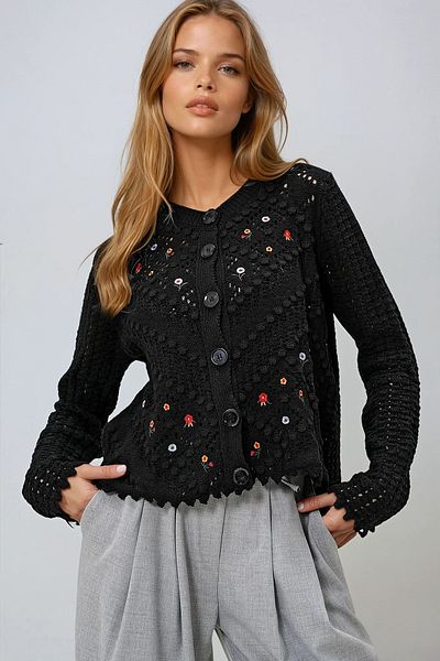 VAGGON Women's Black Crew Neck, Openwork and Embroidered Knitwear Cardigan