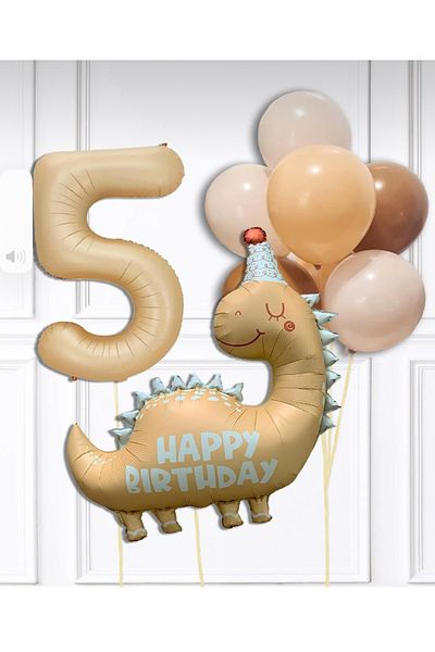 Çemrek Süs Parti Cream Dinosaur and Number Foil Balloon Set 12 Pieces