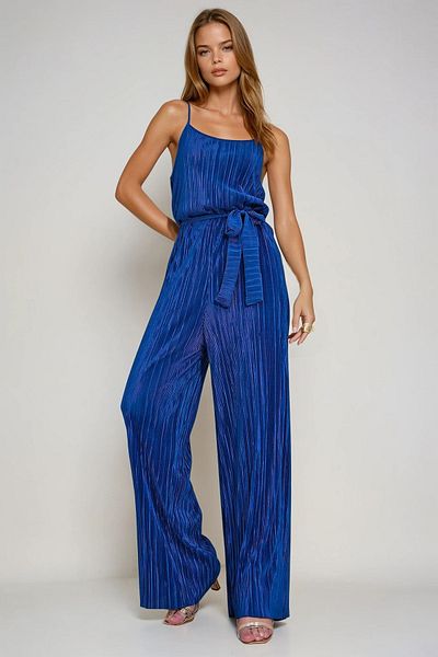 VAGGON Navy Blue Straps Pleated Jumpsuit with Belt and Sash