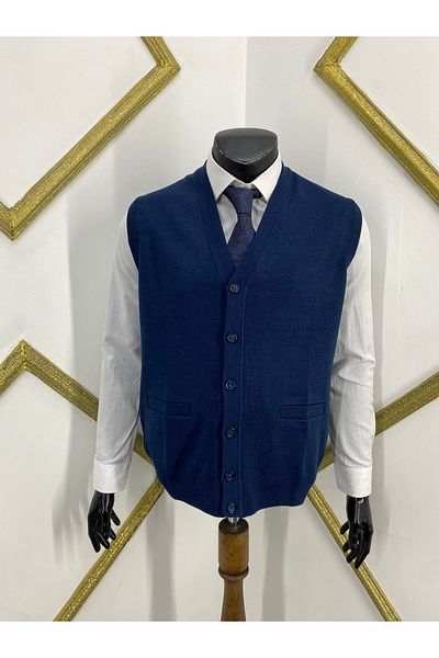 Sadık Collection Fire Knitwear Ανδρικό μάλλινο γιλέκο με λαιμόκοψη V με λεπτομέρεια 492