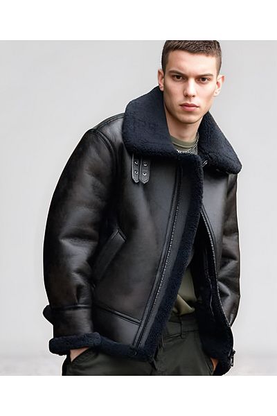 By Marki Marki Men's Genuine Leather Pilot Coat Black, Inner Fur, Buckle From, 74 cm