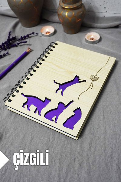 markcat Cat Pattern Wooden Door Notebook - Line Agenda - School Use (A5 - 120 Sheets)