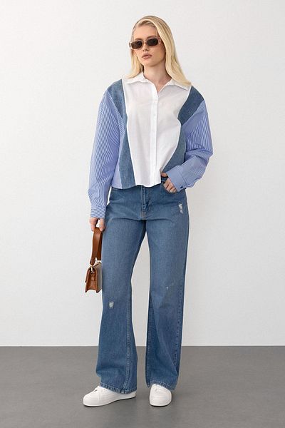 Olcay Cămașă scurtă cu croială relaxată cu detaliu din denim ALBASTRU-ALB 9277