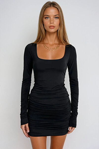 VAGGON Women's Black Square Neck Back Low-Cut Drape Detail Sandy Dress Prmx13302