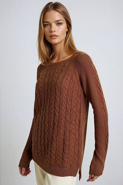 VAGGON Women's Tile Crew Neck Hair Knit Patterned Knitwear Sweater Prmx13312