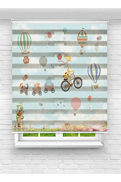 akel collection Bisikletli Zürafa ve Balonlar Desenli Baskılı Zebra Stor Perde