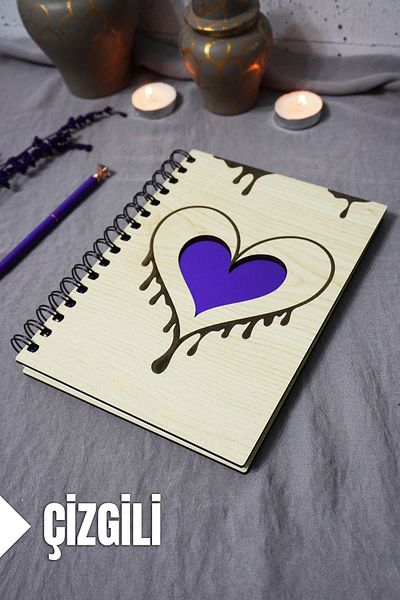 markcat Agenda School Notebook with Line Notebook in 120 Sheets with Heart Motif Wooden Cover (A5)
