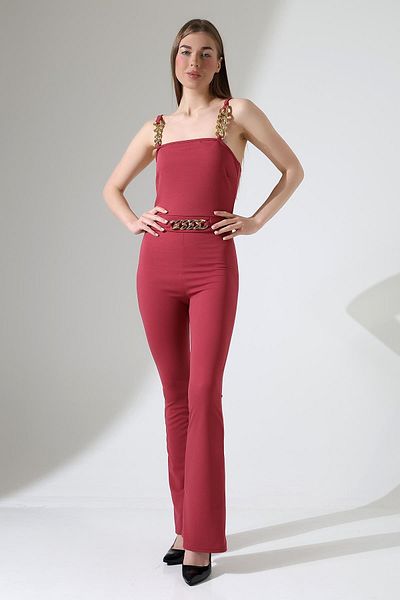 Deafox Dusty Rose Front and Strap Chain Detail Imported Crepe Fabric Jumpsuit