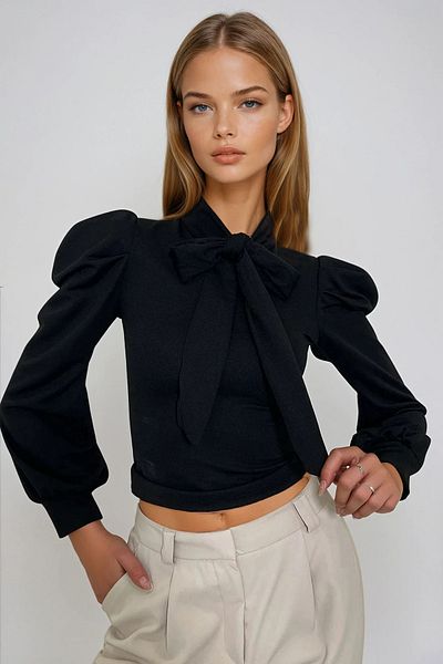 VAGGON Γυναικεία μαύρη μπλούζα με λαιμόκοψη Princess Sleeve Woven Blouse Prmx12944