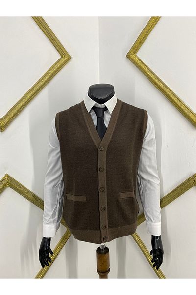 Sadık Collection Fire Knitwear Ανδρικό μάλλινο γιλέκο με λαιμόκοψη V με λεπτομέρεια 492