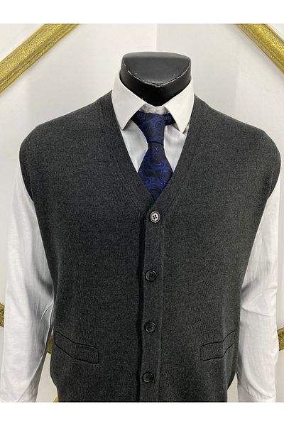 Sadık Collection Ateş Knitwear Men's V-Neck Pocket Detailed Sleeveless Wool Vest 492
