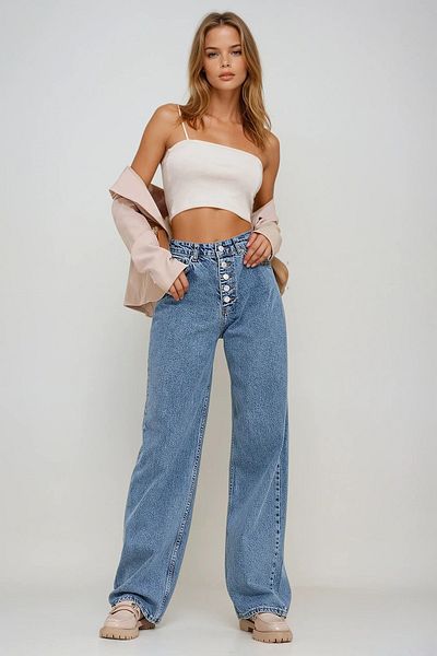 VAGGON Pantaloni de damă, albaștri, cu talie înaltă, cu 5 nasturi, buzunare, spălați în zăpadă, Prmx11560