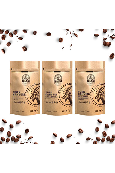 WALIA COFFEE ETHIOPIA 3 LÜ KARIŞIK TÜRK KAHVESİ SETİ: DAĞ ÇİLEKLİ, DAMLA SAKIZLI VE DİBEK KAHVESİ 200 GRx3
